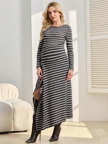 SHEIN Đầm bầu thời trang thu đông với đường viền bất đối xứng và họa tiết kẻ sọc. - Màu xám đen - Xem 4