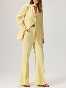 Cloudara Women Two Pieces Suit Sets Tie Front Detailed Blazer Jacket And Wide Leg Pants - Light Yellow - View 3
