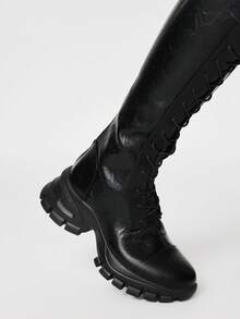 ROMWE Grunge Punk 纯色系带时尚休闲中筒靴，适合秋冬季日常穿着 - 黑色 - 查看 3