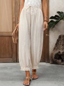 EMERY ROSE Women's Casual Vacation & Commute Striped Print Drawstring Waist Slant Pocket Loose Straight Leg Pants Summer Vacation Outfits Women Summer Holiday Outfits Vacation Outfits For Women Boho Pants Wide Leg Summer Pants Pleated Pants Tassel Pants - Coffee Brown - View 5