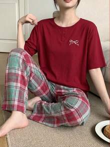 2件套少女可爱优雅休闲日常柔软舒适纯色短袖针织上衣（带蝴蝶结刺绣）和宽松格纹阔腿裤睡衣套装 - 彩色 - 查看 7