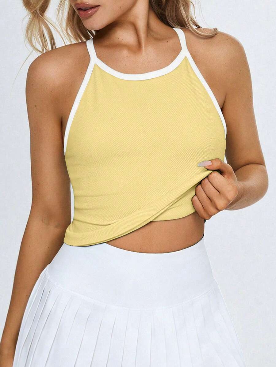 Eassivo Eassivo Women's Yellow Seamless Contrast Binding Fitted Sports Camisole With Chest Pads - Yellow - View 1