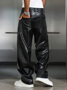 PAVTROS Men's Solid Color Pocket PU Leather Wide Leg Loose Casual Pants - Black - View 2