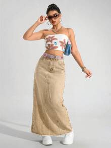 SHEIN ICON Plus Size Women's Solid Color Washed Denim Mini Skirt, Autumn/Winter - Light Yellow - View 6