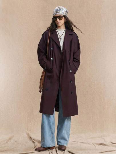 Ontre 2025新款现代都市风深棕色中长款女式风衣翻领宽松版型肩带长袖真口袋商务通勤休闲风秋季服装