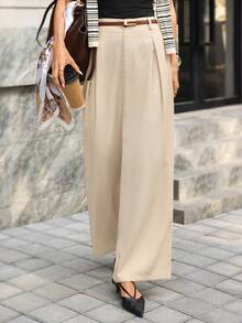 Editum Women's Straight Leg Pleated Khaki Linen Pants, Elegant For Daily Wear And Commuting, Spring/Summer Pants Solid Khaki Cotton-Linen Trousers, Straight Leg, Office Wear, Commuting Style. Wide Leg Pants Beige Pants Women Pants Casual Outfit Vacation Outfit - Khaki - View 3