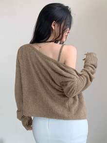 DAZY 2件套女士秋冬时尚棕色毛绒修身露脐上衣和开衫套装长袖