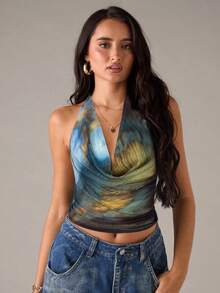 SHEIN BAE Women's Tie-Dye Print Draped Neck Backless Top - Blue - View 1