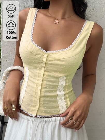 Sunnyshic Women's Fashion Casual 100% Cotton Lace Trim Patchwork Camisole