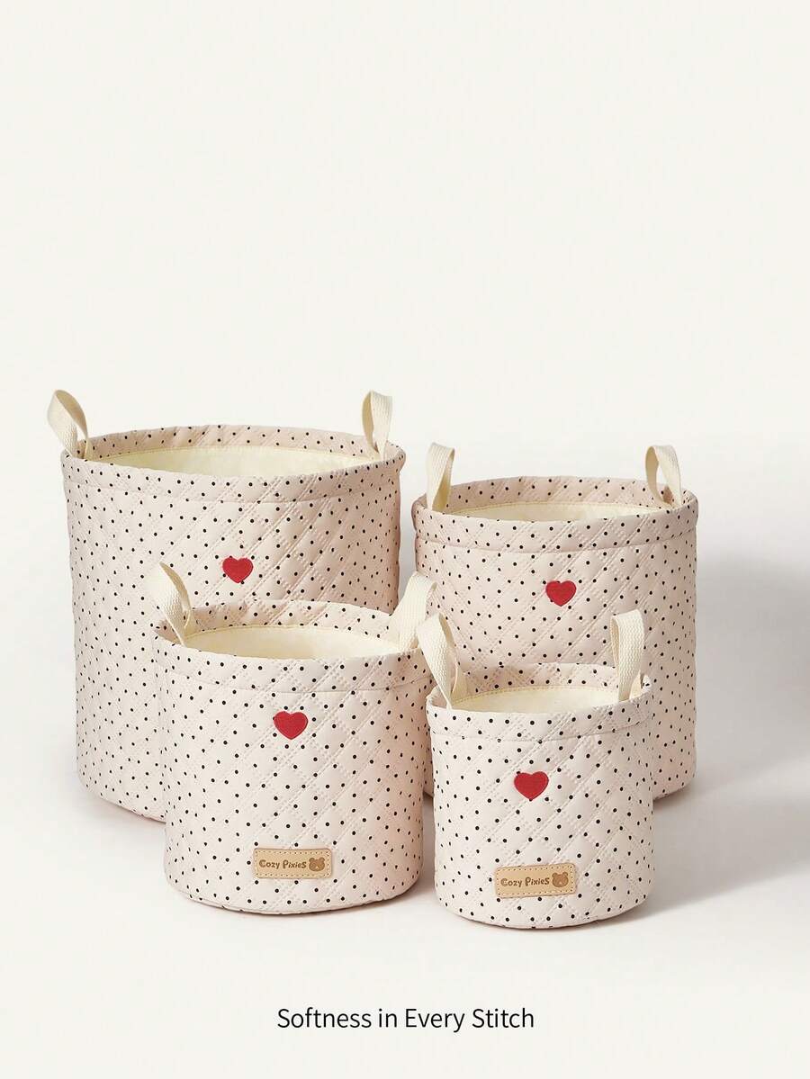 Cozy Pixies 波点爱心图案多尺寸收纳篮，适合存放玩具/婴儿房用品 - 米色 - 查看 1