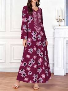 Al Najma 女士花卉图案数码复古印花V领长袖优雅阿拉伯风格长款连衣裙，春夏款 - 彩色 - 查看 5