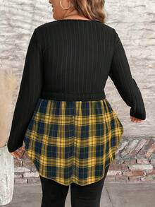 SHEIN LUNE Áo thun dài tay cổ tròn phối họa tiết kẻ caro cỡ lớn - Màu vàng - Xem 2