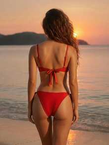 CAJUNI Women's Casual Vacation Orange Metallic Detail Tie-Up Swimwear Set - Bikini - Beach - Swimming - Orange - View 2