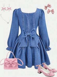 SHEIN 女童3D蝴蝶结装饰深蓝色牛仔连体衣 - 淺色水洗藍 - 查看 2