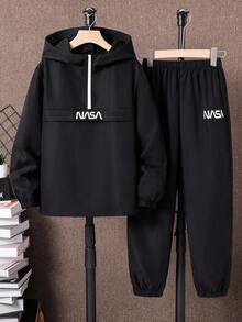 SHEIN 2 件套青少年男孩半拉链连帽夹克和慢跑裤，休闲运动风格适合通勤、上学、日常休闲、旅行、运动，羊毛加厚，适合春季、夏季、秋季、冬季