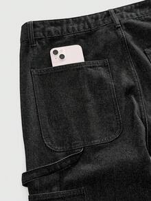 ROMWE MEN Street Life Quần jeans ống loe nam xếp lớp, họa tiết kim cương lấp lánh, phối màu tương phản. - màu đen - Xem 4