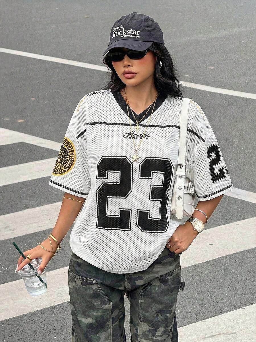 Teen Girls White Summer Streetwear V-Neck Mesh Jersey,Oversized Contrast Color Short Sleeve T-Shirt,Back-To-School Graduation Sports Casual Top - Black and White - View 1