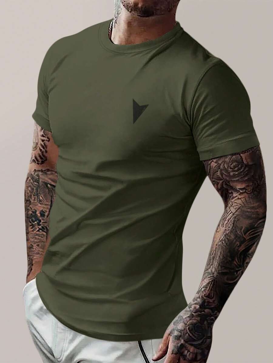 Manfinity Homme Camisetas para hombres con corte ajustado, cuello redondo, manga corta, simple y casual, verano - Verde militar - Ver 1