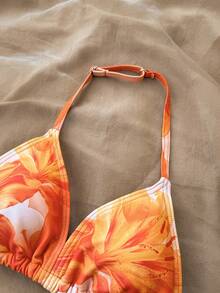 3pcs Tween Girls Casual Vacation Orange Floral Print Swimsuit, Swimwear Bottoms & Tie-Front Skirt Set, Beach Holiday, Summer Swimwear - Yellow - View 9