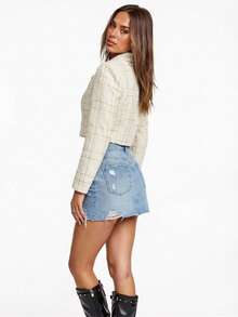 Glamine Women's Elegant Tweed Lapel NeckSingle-Breasted Cropped Jacket - Apricot - View 7