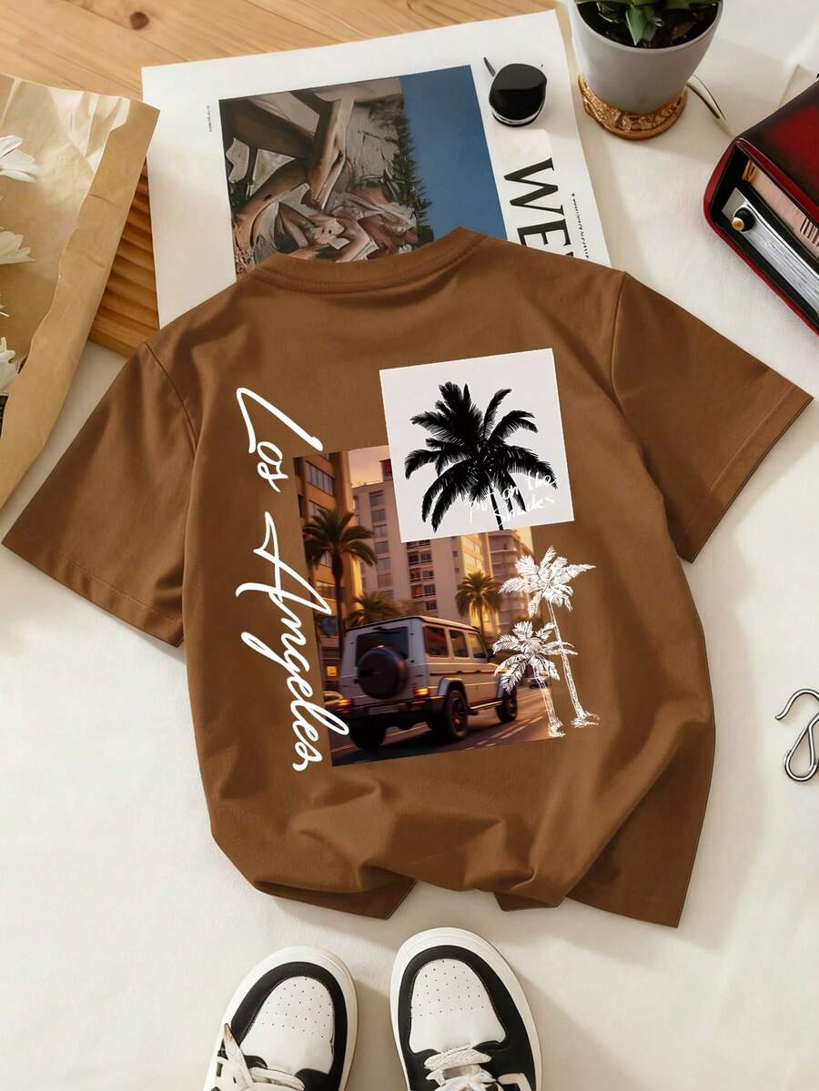 Boys' Minimalist Front & Holiday Coconut Print Crew Neck Short Sleeve T-Shirt, Summer - Brown - View 1