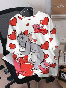 TOM & JERRY X SHEIN 男士休闲宽松版型心形字母图案超大号T恤，时尚街头风，适合日常穿着，也适合情人节。 - 白色 - 查看 1