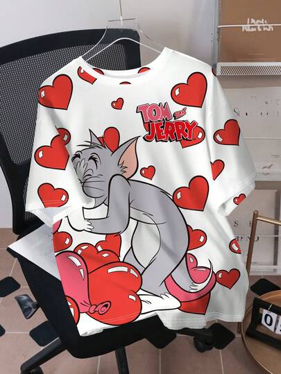 TOM & JERRY X SHEIN Men's Casual Loose Fit Heart & Letter Graphic Oversized T-Shirt, Fashionable Street Style For Daily Wear, Suitable For Valentine's Day