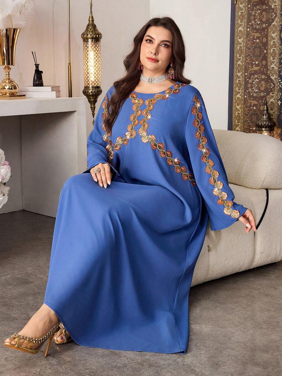 Al Najma Elegantes Patchwork-Kleid mit bunter, bestickter Blumenapplikation und Glockenärmeln, für Frühling/Sommer