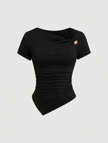 Sweetra T-shirt ajusté à manches courtes avec ourlet asymétrique minimaliste de couleur unie grande taille - Noir - Voir 12