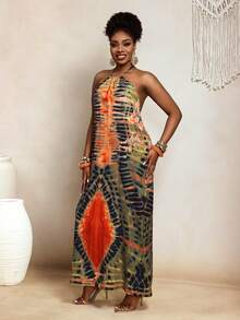 BamGleam Halter Neck A-Line Tie-Up Backless Women's Fashion Pattern Elegant Beach Summer Holiday Dress - Multicolor - View 4