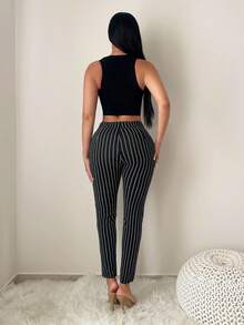 SHEIN SXY Women's Business Casual Black And White Striped Pants With Waist Ring,Elegant ,Business Casual Outfits Women, Striped - Black and White - View 2