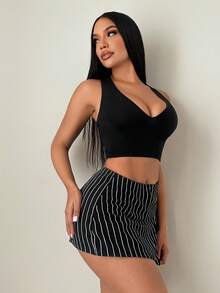 SHEIN SXY Women's Side Slit Hem Striped Elegant Business Casual Pants Skirt - Black and White - View 6