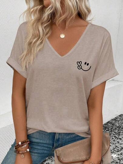 Selamara Neue Mode Damen V-Ausschnitt Loose Fit Bedrucktes Kurzarm T-Shirt