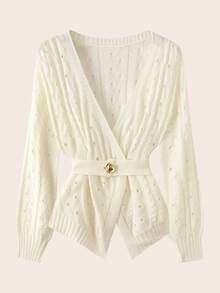 GlowEve Women's V-Neck Criss-Cross Hollow Out Jacquard Irregular Hem Long Sleeve White Belted Cardigan Sweater, Elegant Office Wear, Spring/Autumn - White - View 3