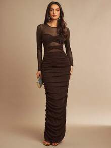 Silquee Gaun Malam Elegan Musim Gugur Hitam dengan Desain Jala, Model Bustier, dan Lengan Panjang Transparan dengan Detail Kerut untuk Wanita, Sempurna untuk Pesta Koktail, Klub Malam & Kencan - Coffee Brown - View 4
