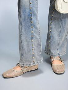 CUCCOO GRLICON Giày bệt nữ kiểu dáng khoen rỗng có khóa cài, phong cách thường ngày, thời trang. - Màu be - Xem 6