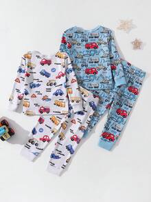 4pcs Baby Boy Snug Fit Pajama Set, Funny Excavator, Crane, Truck Print Colorblock Long Sleeve Top And Pants - Multicolor - View 2