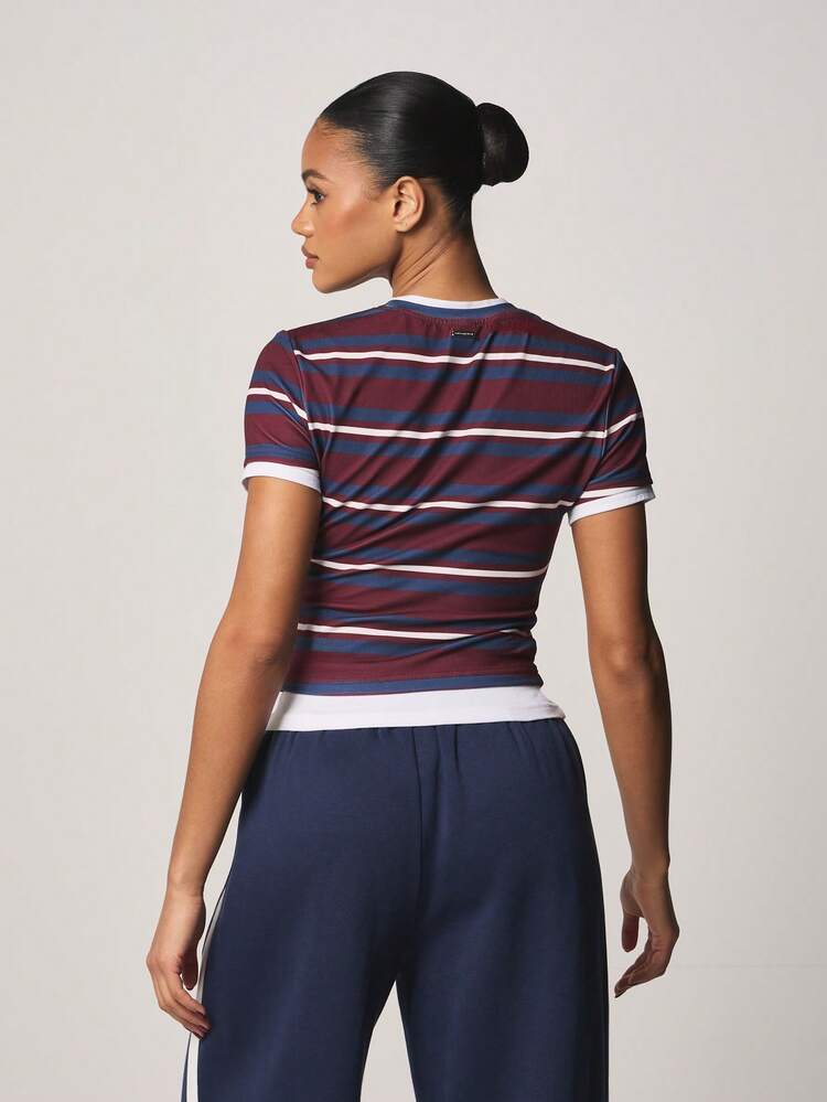 Missguided x Playboy Women Striped Short Sleeve Crew Neck Tee With Contrast Trim Detail Casual T-Shirt For Spring Summer