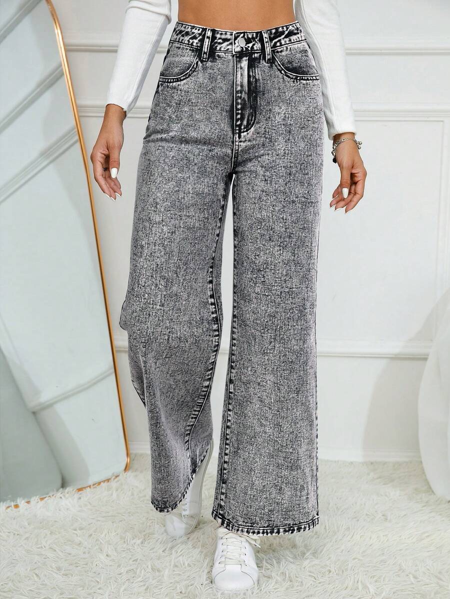 SHEIN LUNE Casual Washed Pocket Denim Jeans - Light Grey - View 1