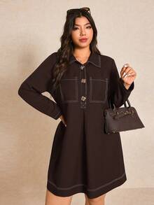 Elaquor Đầm dài tay dáng rộng, phối màu tương phản, dành cho nữ cỡ lớn, thích hợp mặc hàng ngày đi làm, mùa xuân/thu. - màu nâu - Xem 4