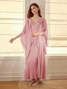 MOTF PREMIUM CONTRAST LACE CAMISOLE NIGHTGOWN AND BELL SLEEVE ROBE ROMANTIC SLEEPWEAR SET - Pink - View 4