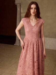 MOTF PREMIUM WOMEN'S LACE A-LINE DESIGN MIDI DRESS, SUITABLE FOR OCCASIONS, DATES, SPRING/SUMMER - Dusty Pink - View 5