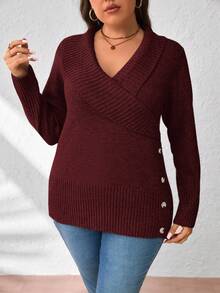 EMERY ROSE Plus Size Women Casual Long Sleeve Side Button Design Pullover Sweater, Autumn/Winter - Burgundy - View 3