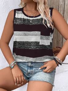 Plus Size Round Neck Striped & Floral Print Short Loose Knit Vest Graphic Tees Women Tops - Black - View 3