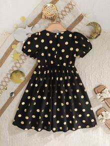 SHEIN Girls' Loose Fit V-Neck Star & Moon Print Long Dress With Ruffle Trim Puff Sleeves - Multicolor - View 2