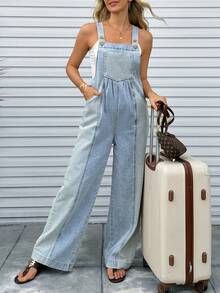 Breezaya Quần yếm denim kẻ sọc phối màu phong cách thường ngày mùa hè dành cho nữ - Màu xanh lam - Xem 5