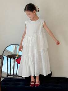 DAZY Tween Girls' Summer Casual Vacation Jacquard Sleeveless Ruffled Hem Dress - White - View 2