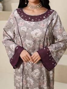 Al Najma Women's Floral Print Rhinestone Decor Round Neck Long Sleeve Elegant Arabic Style Maxi Dress - Multicolor - View 7