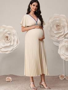 SHEIN 孕妇撞色滚边短袖褶皱腰身优雅连衣裙 - 卡其色 - 查看 3