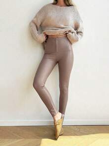 Firerie Women's New Simple Elegant Daily Commute Casual Fashion Versatile Autumn/Winter All-Match Waist Cinching Zipper Lift Butt Black Mid-Waist PU Leather & Fleece Skinny Pants, Suitable For Autumn Outfit, Autumn/Winter, Airport, Teacher, Office Wear Brown Leather Pants High Waist Pants Woman Leather Pants For Women